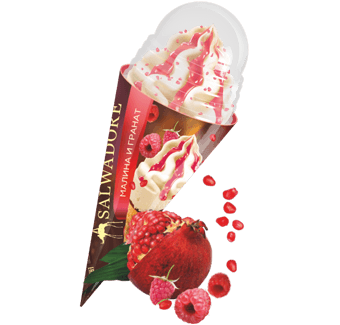сливочное мороженое с джемом малина-гранат в сахарном рожке